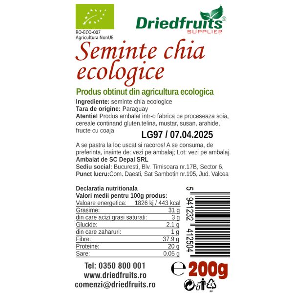 Seminte chia BIO Driedfruits - 200 g