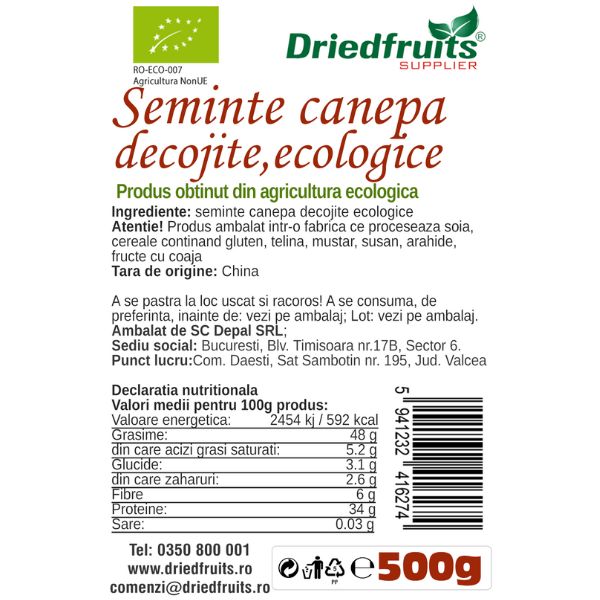 Seminte decojite canepa BIO Driedfruits - 500 g
