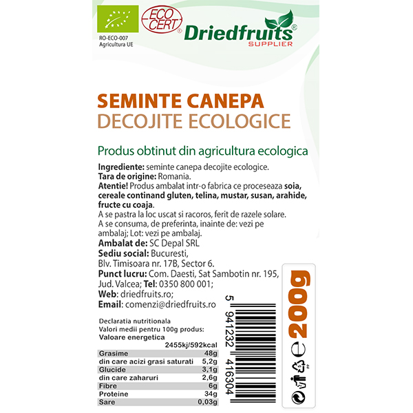 Seminte decojite canepa BIO Driedfruits - 200 g