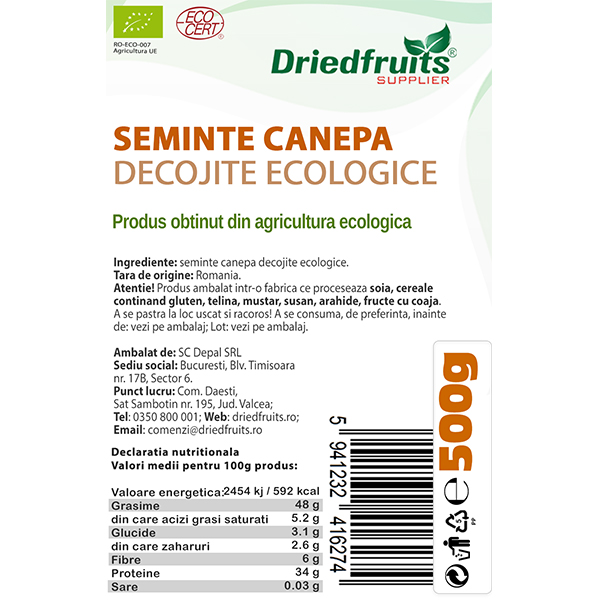 Seminte decojite canepa BIO Driedfruits - 500 g