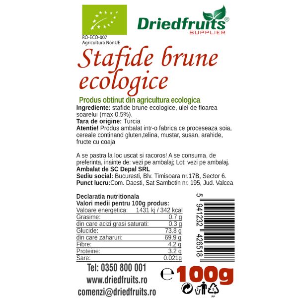 Stafide brune deshidratate BIO Driedfruits - 100 g