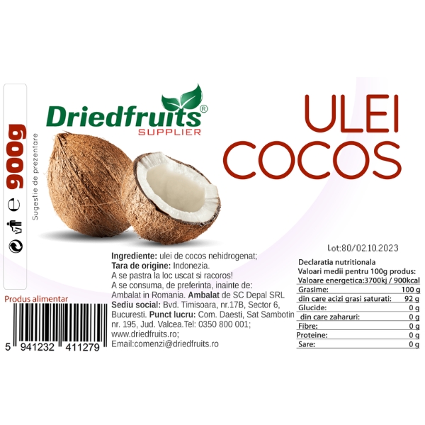 Ulei cocos pentru gatit Driedfruits - 1 litru/900 g