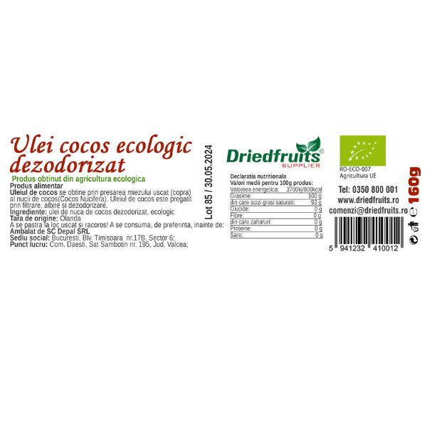 Ulei cocos alimentar BIO Driedfruits - 160 g
