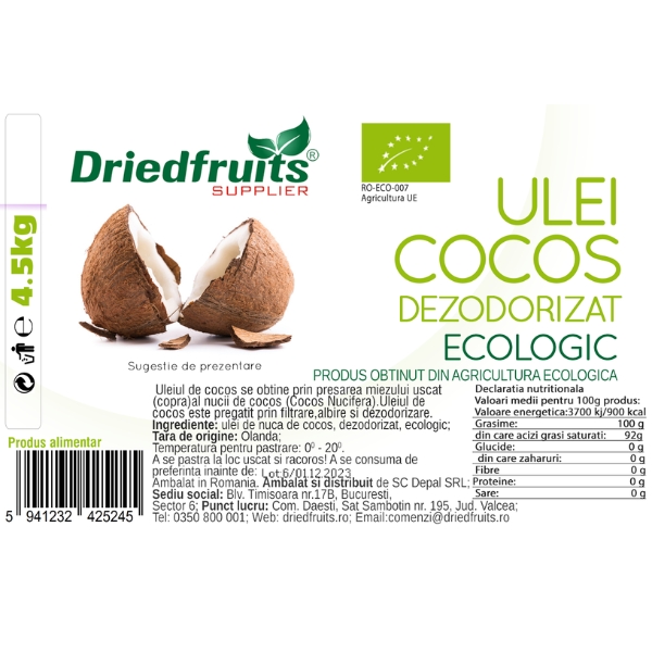 Ulei cocos alimentar BIO Driedfruits - 4.5 kg