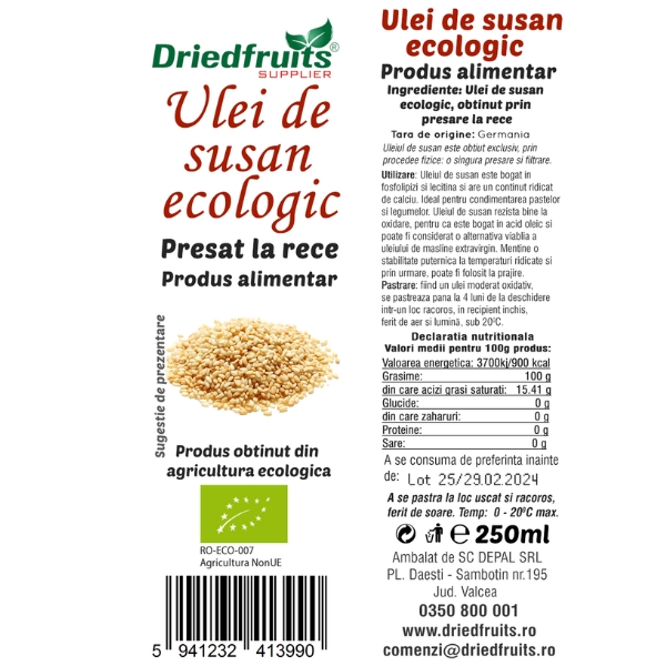 Ulei susan alimentar BIO Driedfruits - 250 ml