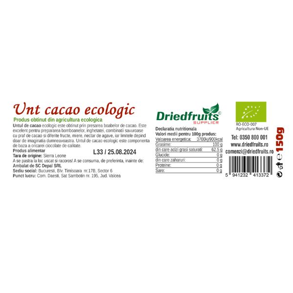Unt cacao alimentar dezodorizat BIO Driedfruits - 150 g