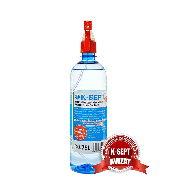Dezinfectant lichid de maini pe baza de alcool 75% cu glicerina (pulverizator) K-SEPT - 750 ml