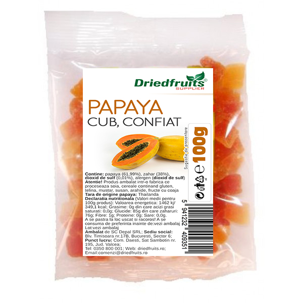 Papaya confiata cuburi Driedfruits – 100 g Dried Fruits Fructe Deshidratate & Confiate